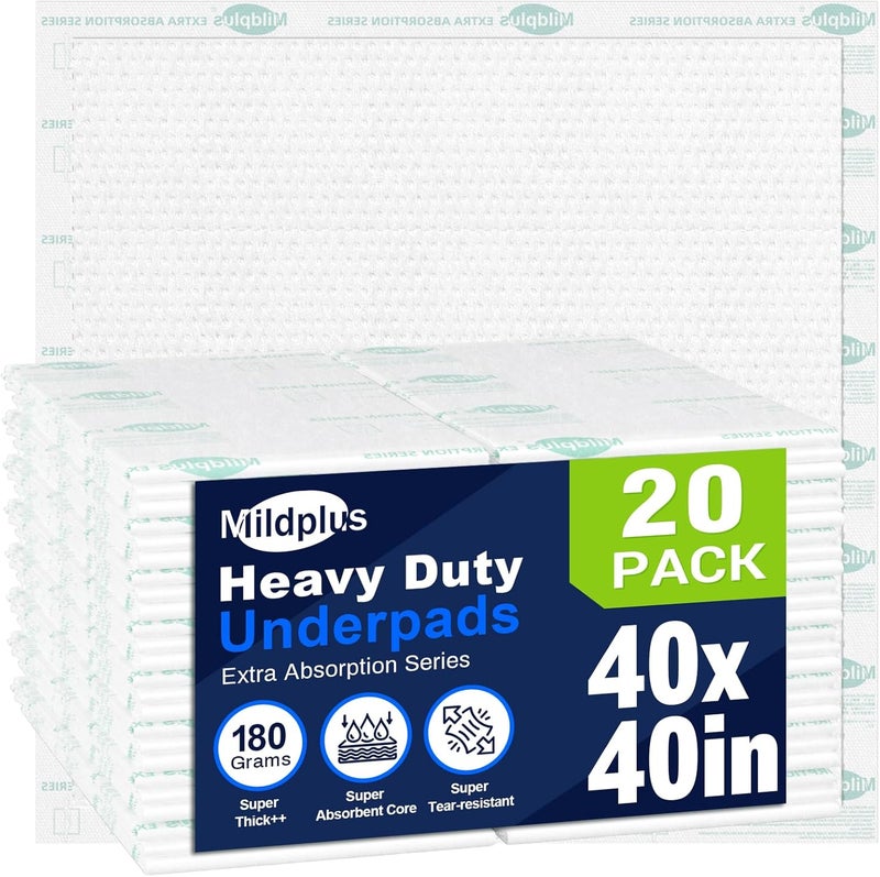 MILDPLUS Heavy Duty Underpads 40"X40" Super Sized Chucks Pads 180 Grams Disposable Bed Pads with Strength Cloth Backing Extra Absorption Pads for Incontinence (100X100CM, 20 Count, Discreet Packaging) - Image 1